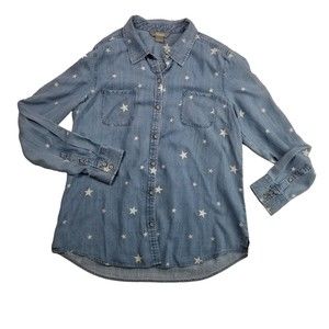 Natural Reflections Button Up Chambray Shirt Womens Sz M Star Print Blue Lyocell